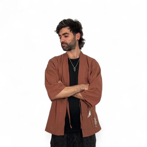 Yukata Kimono Kaze-no-Tori de Lino Marrón