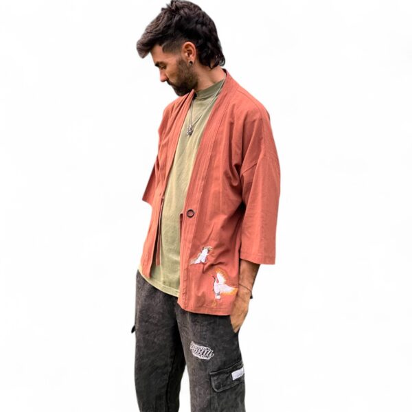 Yukata Kimono Kaze-no-Tori de Lino Marrón - Imagen 2