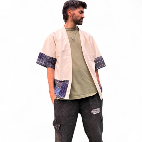 Yukata Kimono Sora-no-Tori de Lino Beige - Imagen 4
