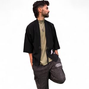 Yukata Kimono Botan-Tori de Lino Negro