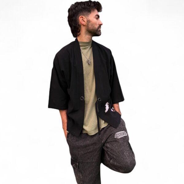 Yukata Kimono Botan-Tori de Lino Negro - Imagen 2