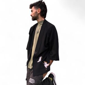Yukata Kimono Botan-Tori de Lino Negro