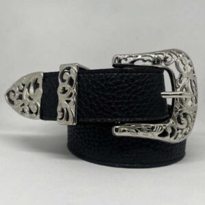 Cinto Ecocuero Negro Hebilla Filigrana Plata
