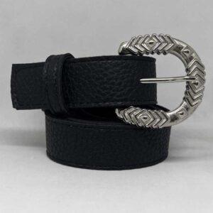 Cinto Ecocuero Negro Hebilla Ovalada Geométrica Plata