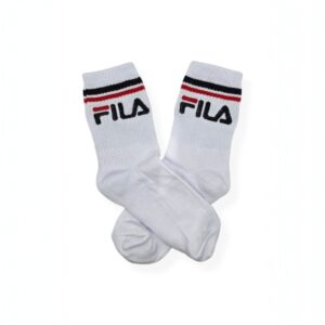 Medias blancas, línea azul y roja con toalla Fila