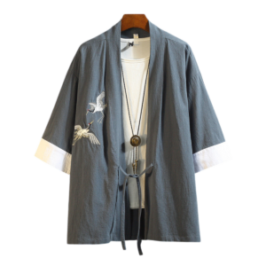Haori de Lino Bordado Tsuru Gris