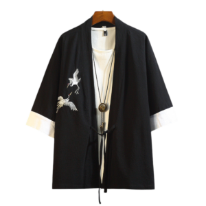Haori de Lino Bordado Tsuru Negro